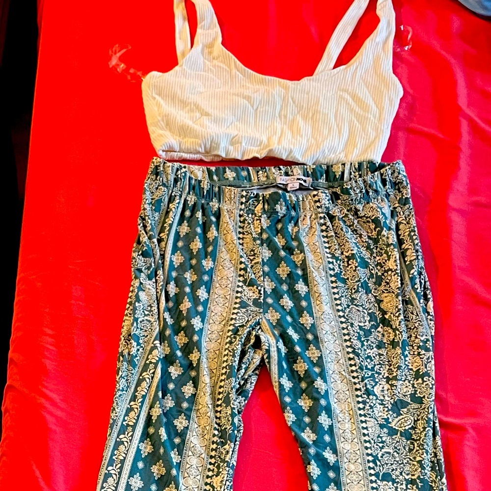 Never worn flared pants and white crop top